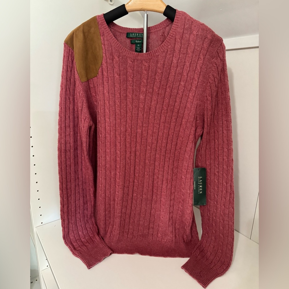 Vintage Ralph Lauren Rose Cable Knit Sweater with Suede Accent Exclusive Size XL